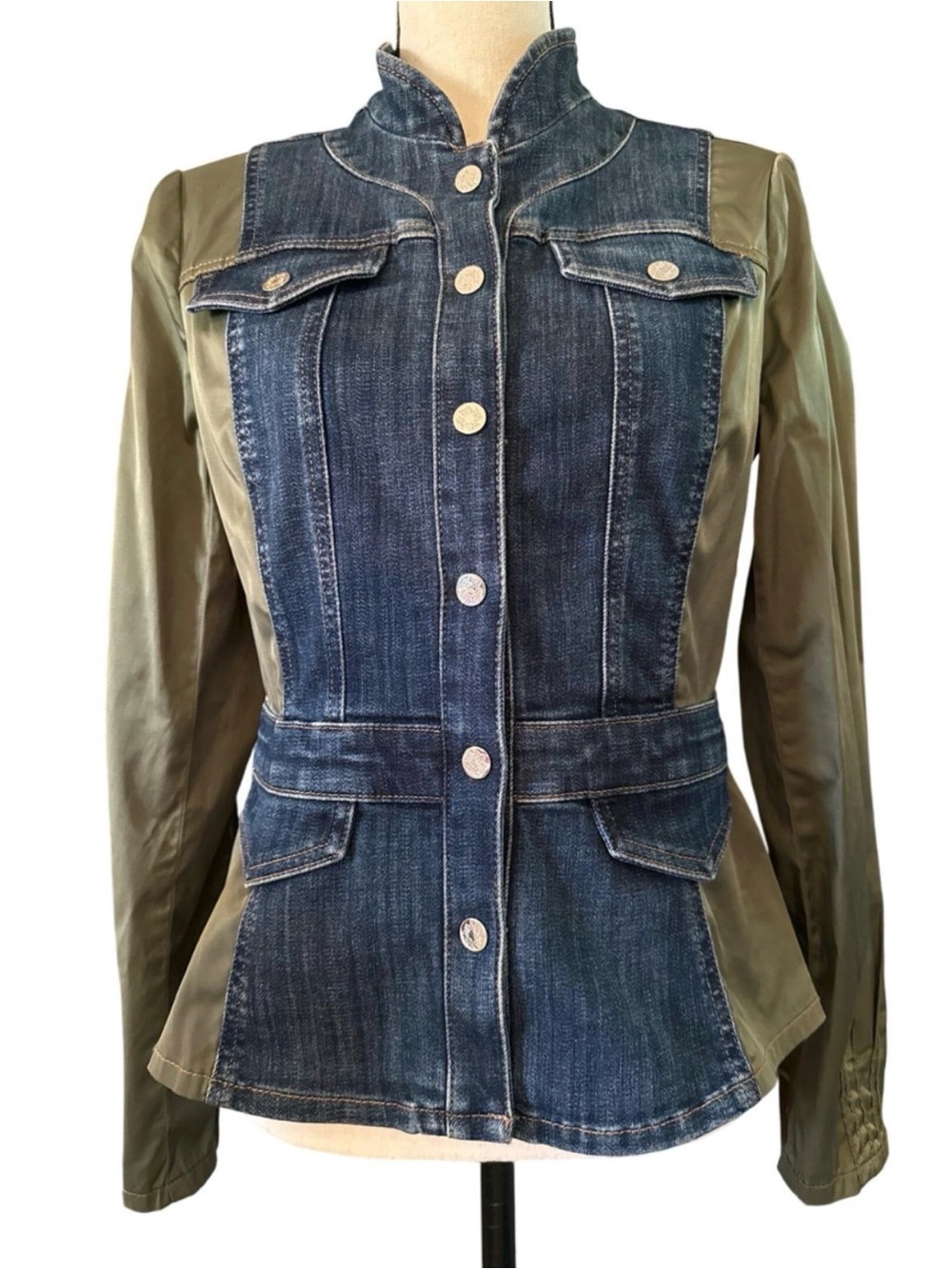 Whitehouse Black Market Denim Utility Jacket with Satin Olive Sleeves